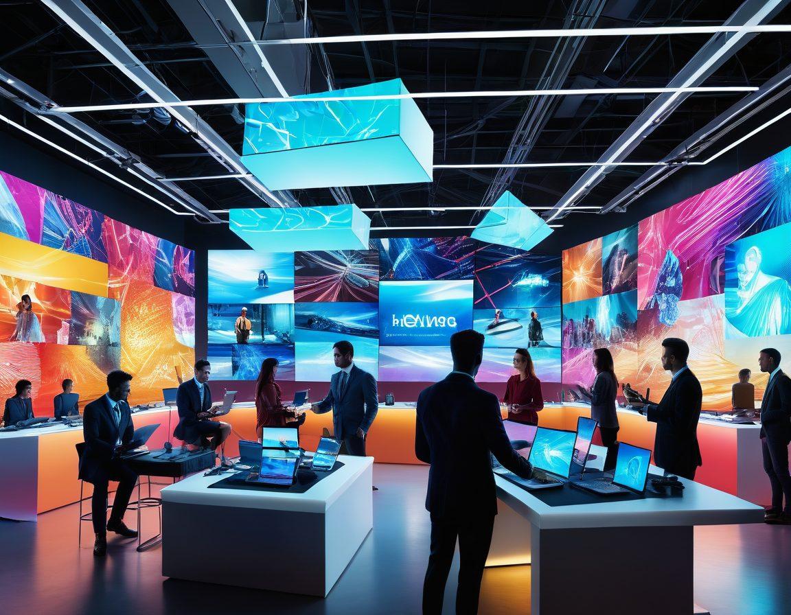 A dynamic collage showcasing a futuristic digital marketplace and networking interface, featuring diverse individuals engaging in virtual meetings, product exchanges, and innovative technology. Include bright colors, digital motifs, and intertwining elements representing connections and opportunities. Emphasize collaboration and modernity with glowing elements. super-realistic. vibrant colors. 3D.