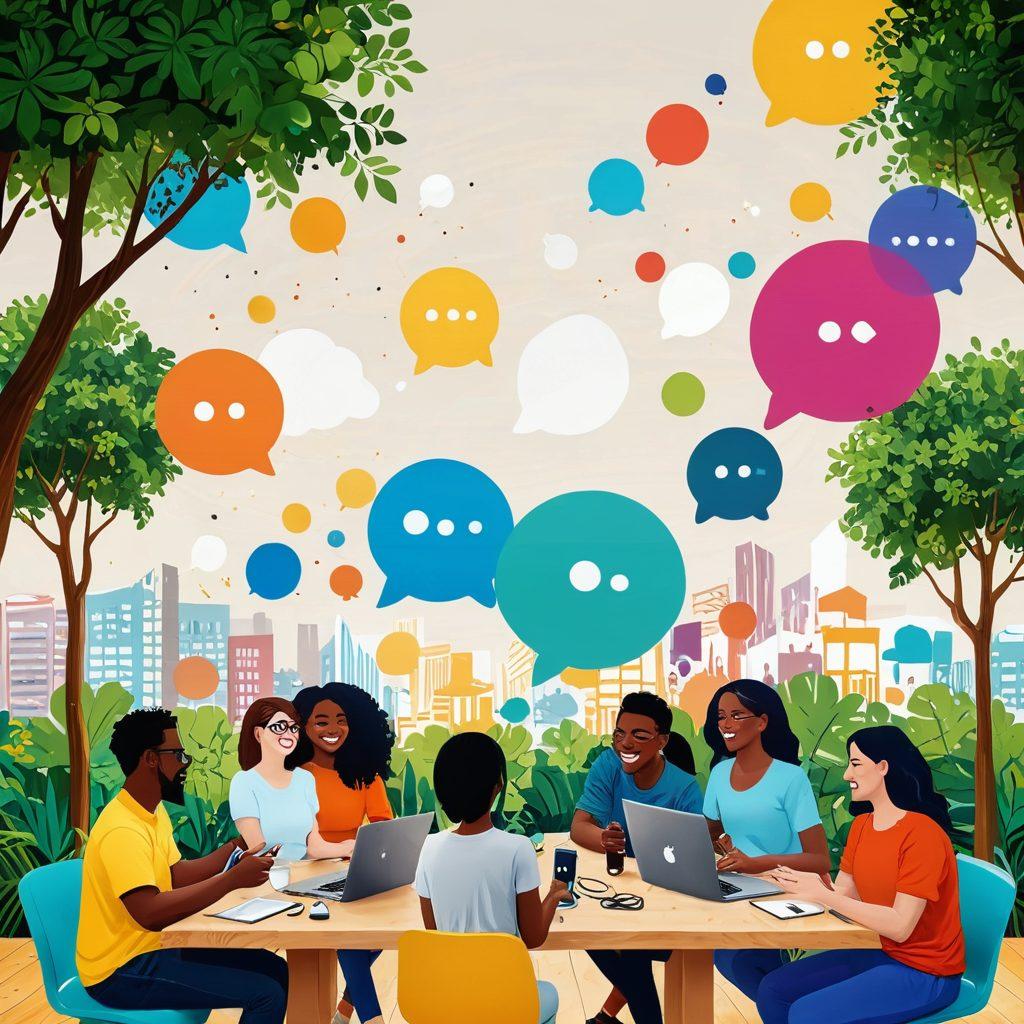 A vibrant illustration showing a diverse group of people happily interacting in a community space, surrounded by symbols of technological services and support. Incorporate elements like chat bubbles, thumbs up, and digital devices that signify user satisfaction. The backdrop should reflect a warm, inviting atmosphere, hinting at collaboration and innovation. Include lush greenery and bright colors to symbolize growth and positivity. super-realistic. vibrant colors. digital art.