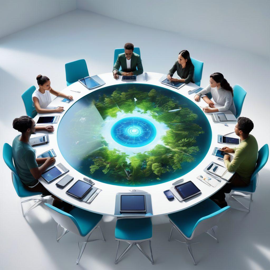 A diverse group of people from the Tayoo community collaborating around a futuristic round table, with holographic displays showcasing innovative solutions. Bright, engaging expressions on their faces, symbolizing unity and creativity. Surrounding them are symbols of technology, nature, and community connection. The background features a soothing blend of blue and green tones representing harmony and progress. super-realistic. vibrant colors. white background.